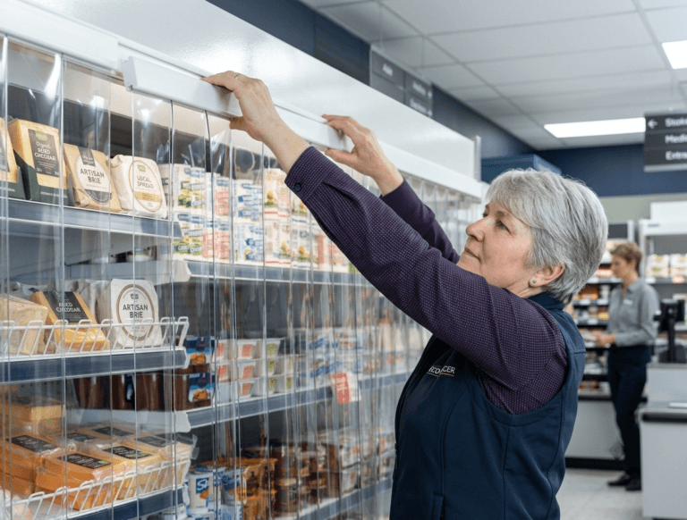 chiller cabinet in modern supermarket cool strip hanging solution