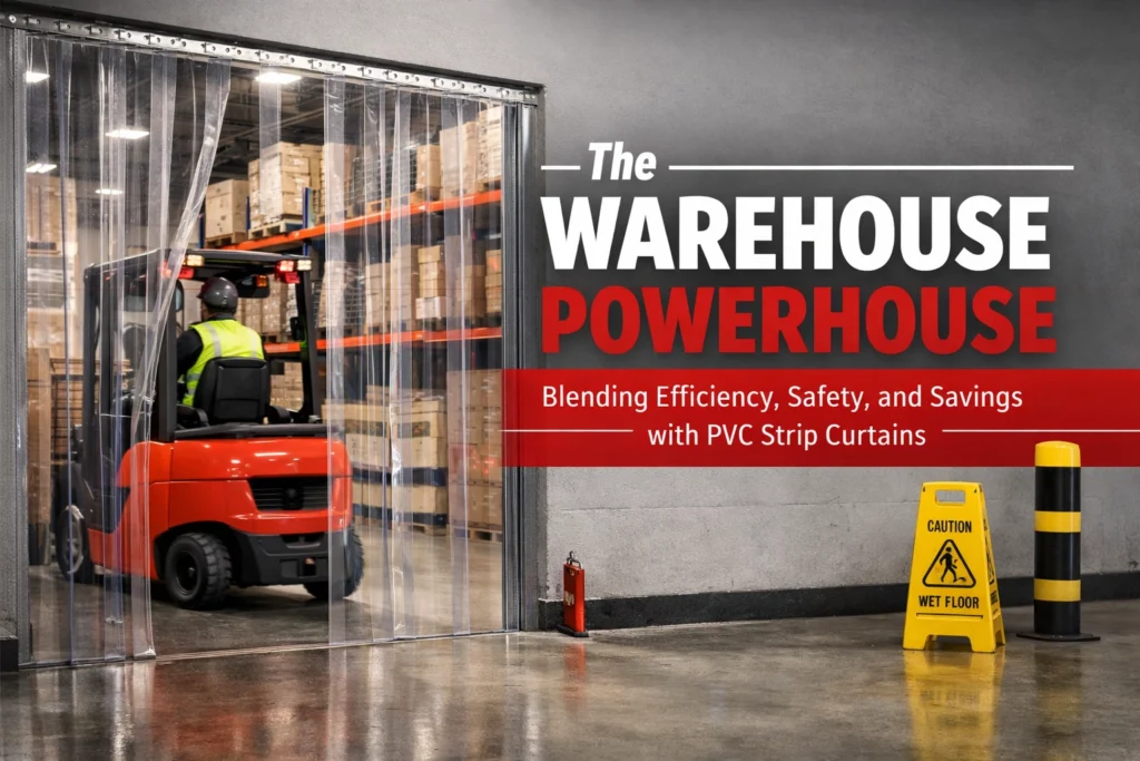 Heavy duty PVC strip curtains installed in a busy warehouse doorway with a forklift passing through.