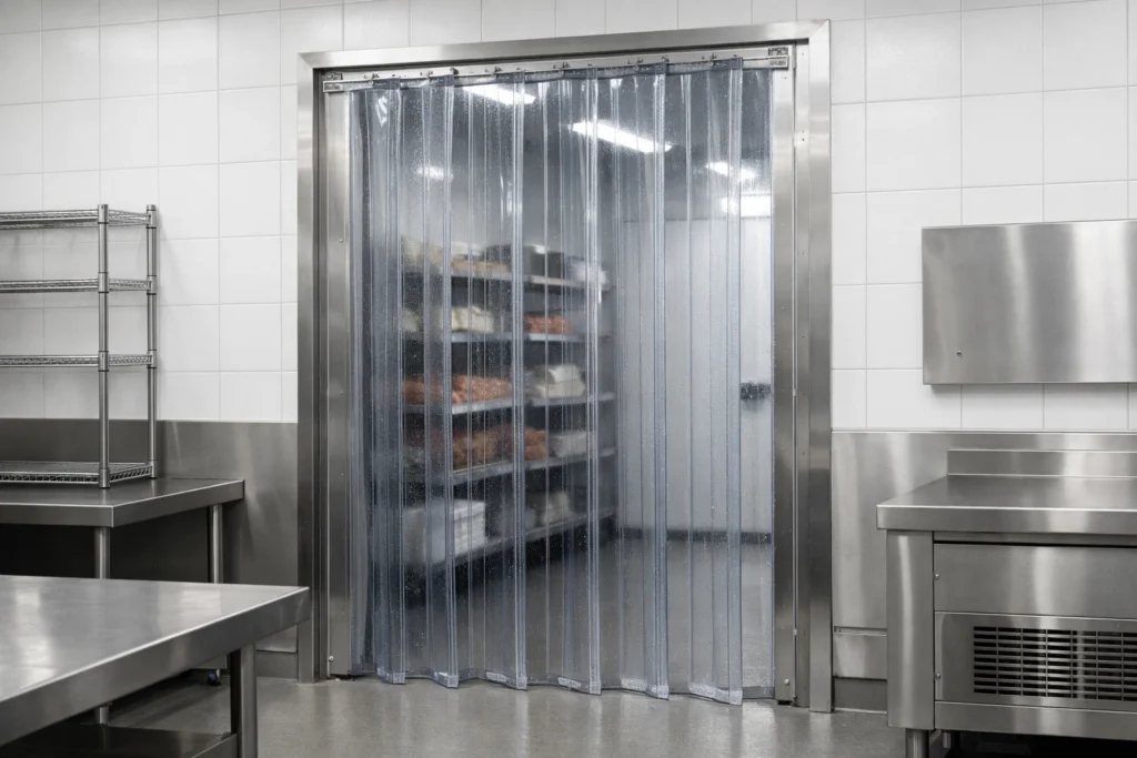 Clear, hygienic butcher curtains installed in a meat processing facility to meet food safety standards.