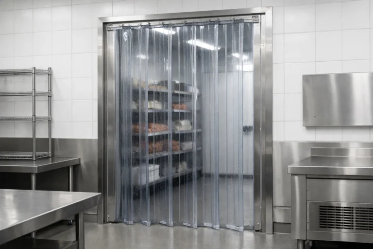 Clear, hygienic butcher curtains installed in a meat processing facility to meet food safety standards.