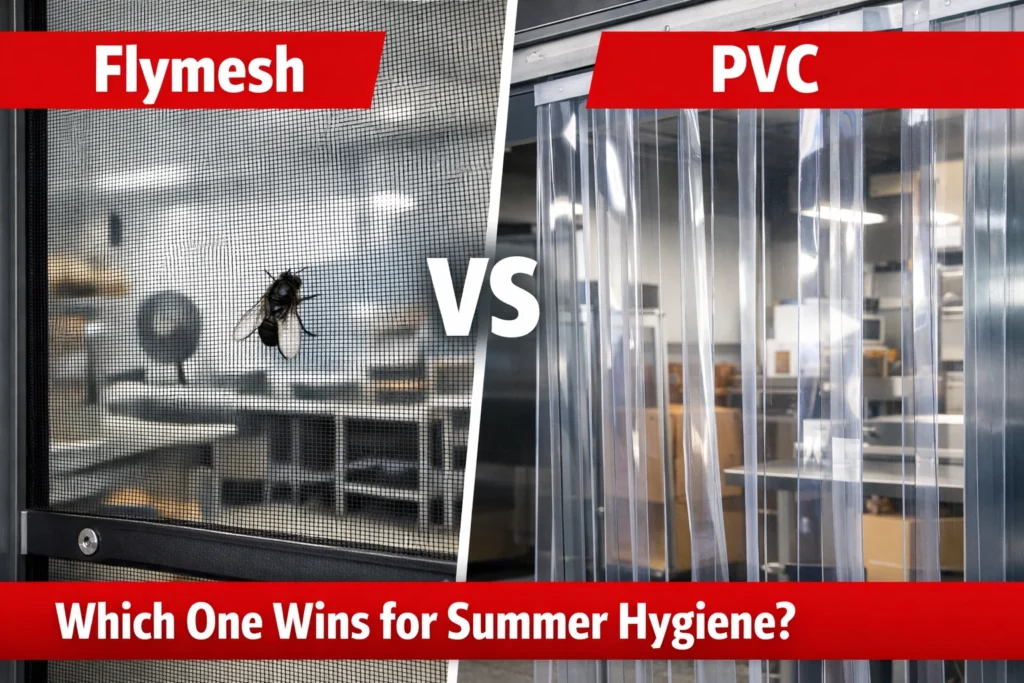 Perforated flymesh curtains installed on a doorway alongside clear PVC strips to show different pest control options.