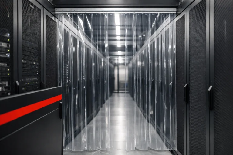 Anti-static PVC strip curtains used for aisle containment in a modern data centre to optimize cooling.