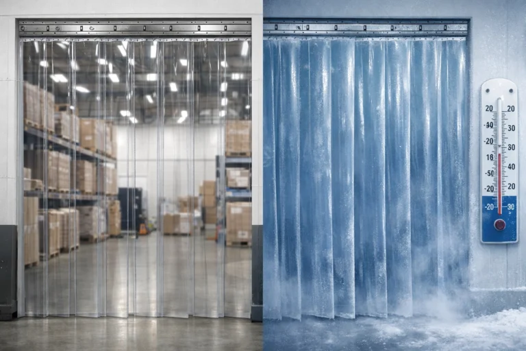Comparison of standard PVC strips and low-temperature polar grade freezer strip curtains in a cold storage facility.