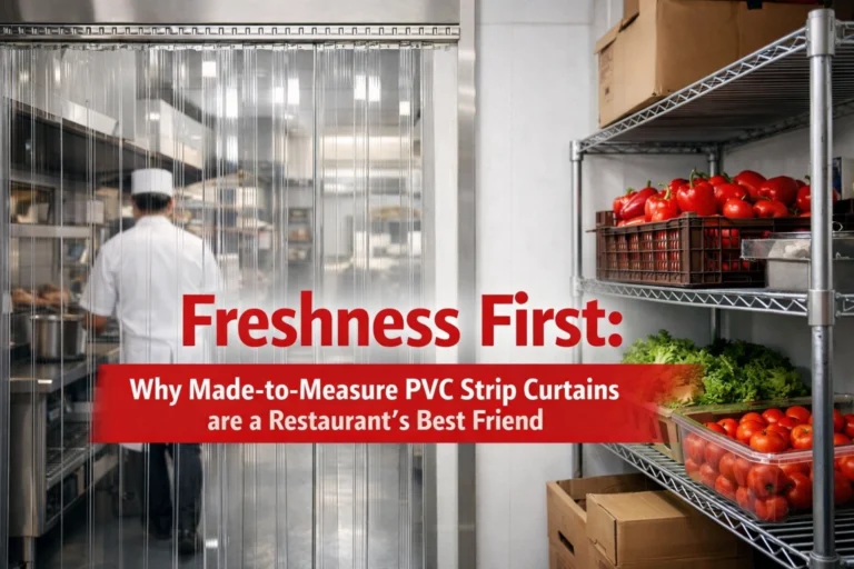 Food grade PVC strip curtains installed at the entrance of a commercial walk-in fridge to maintain hygiene and temperature.