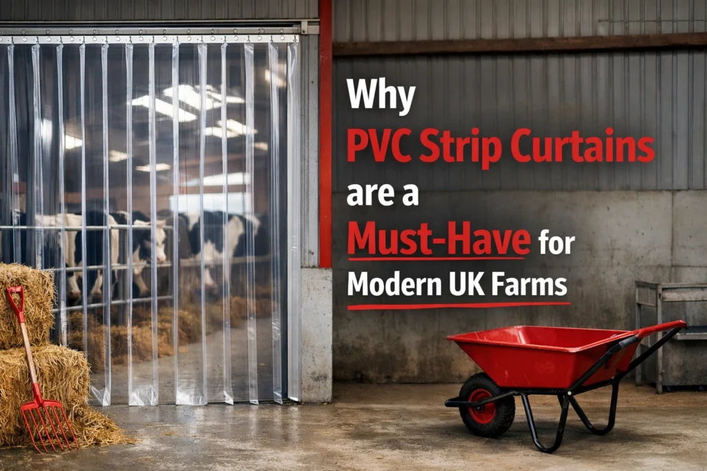 Clearway PVC strip curtains installed on a farm building to provide weather protection and pest control for livestock.