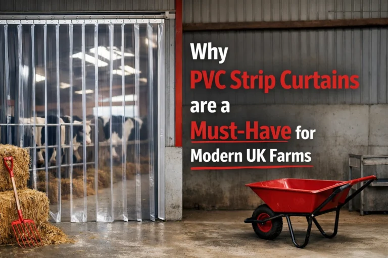 Clearway PVC strip curtains installed on a farm building to provide weather protection and pest control for livestock.