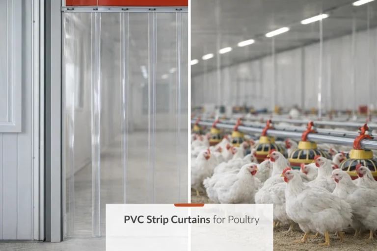 Antimicrobial PVC strip curtains hanging at a poultry farm entrance to support biosecurity and bird health.