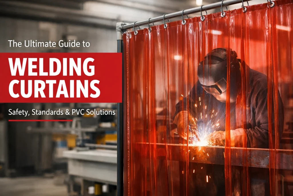 welding curtains, man weldering behind pvc welding curtains
