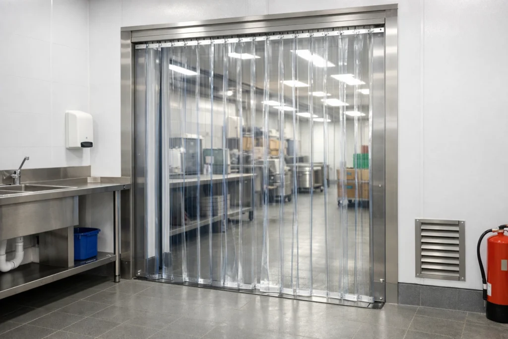 pic curtains in a butchers/restauratn